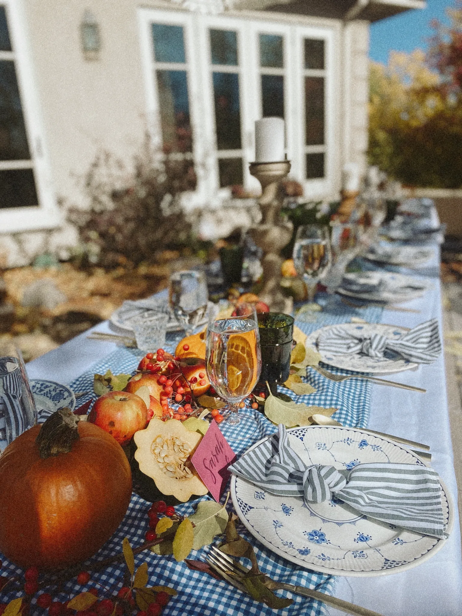 Fall tablescape with pumpkins and gingham
