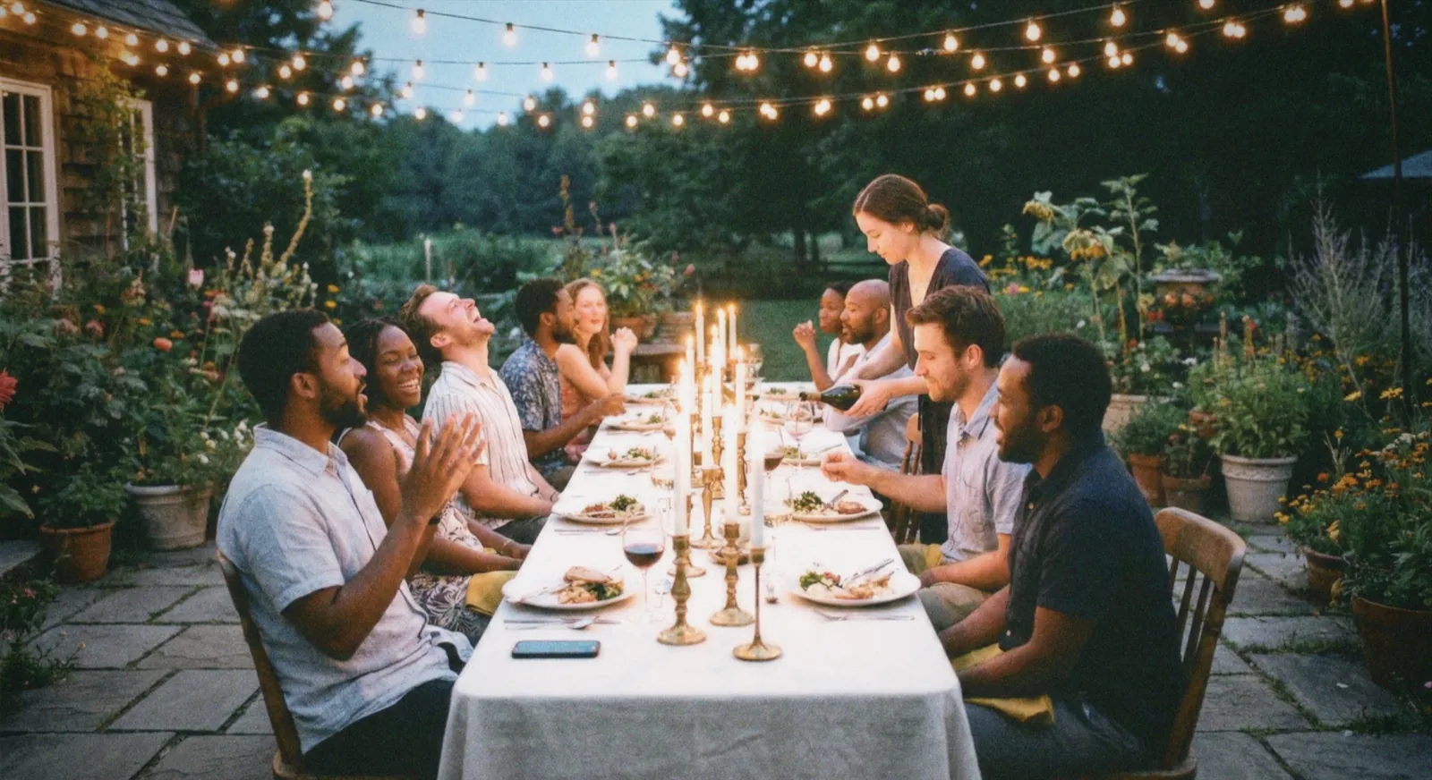 Friends gathered for a garden dinner party with string lights
