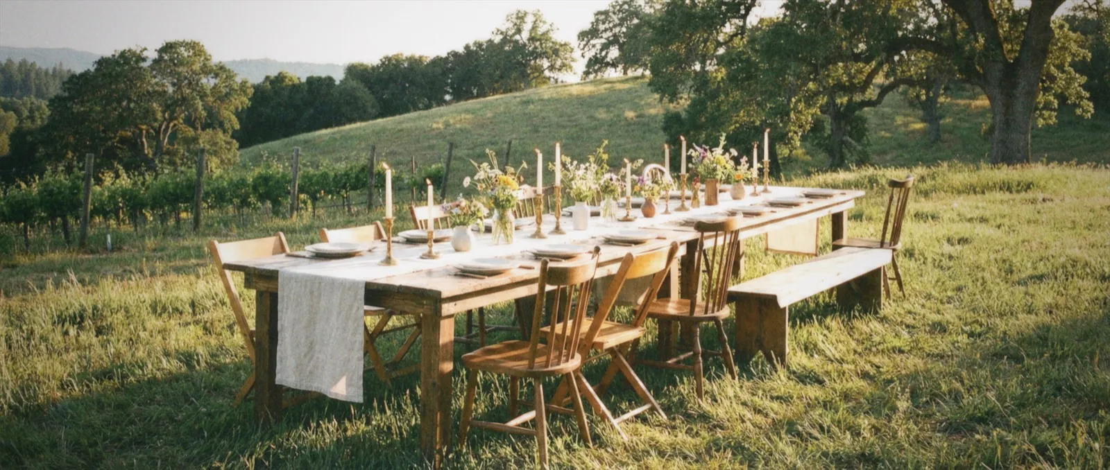 Long table set beside a vineyard on a hillside